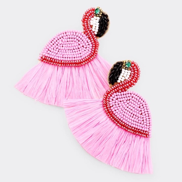 Jewelry - PINK Raffia Flamingo Seed Bead Chandelier Earrings